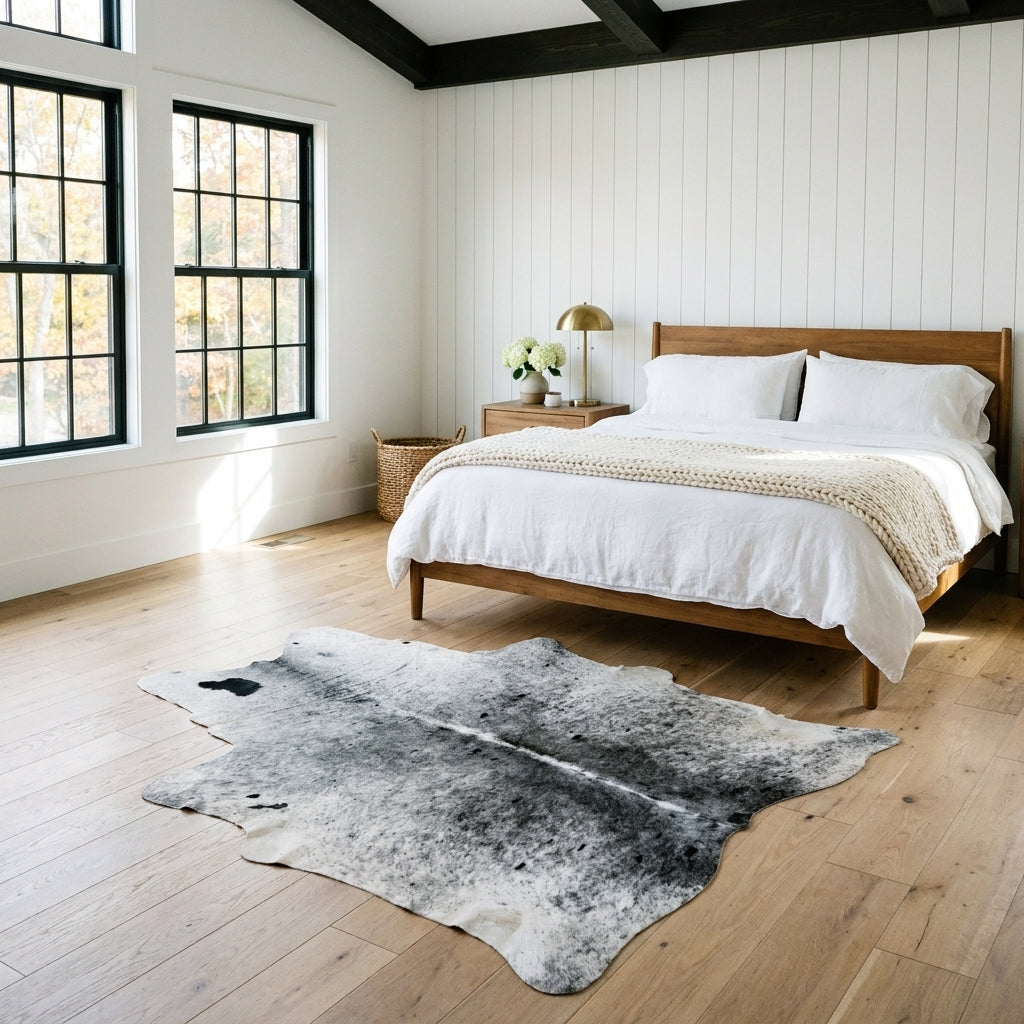 Black and white speckled Brazilian cowhide rug in front of a bed in a bright modern farmhouse bedroom with light oak floors