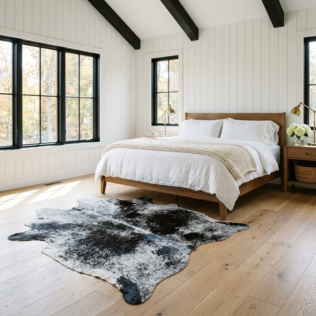 Black and white speckled Brazilian cowhide rug in front of a bed in a bright modern farmhouse bedroom with light oak floors