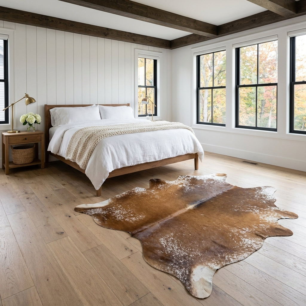 Brown and white speckled Brazilian cowhide rug in front of a bed in a bright modern farmhouse bedroom with light oak floors