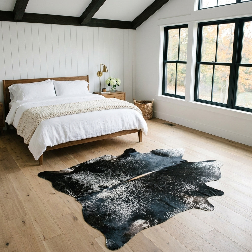 Black and white speckled Brazilian cowhide rug in a bright modern farmhouse bedroom with light oak floors