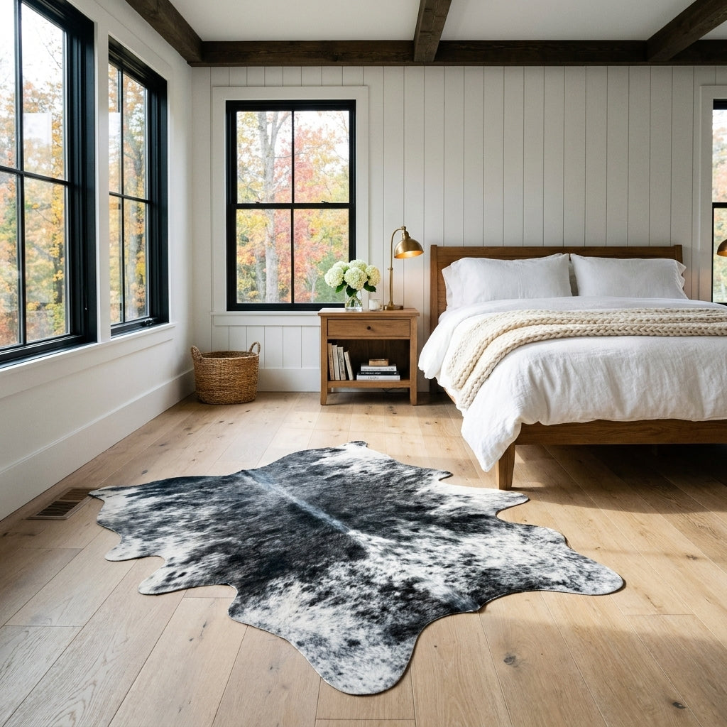 Black and white speckled Brazilian cowhide rug in a bright modern farmhouse bedroom with light oak floors