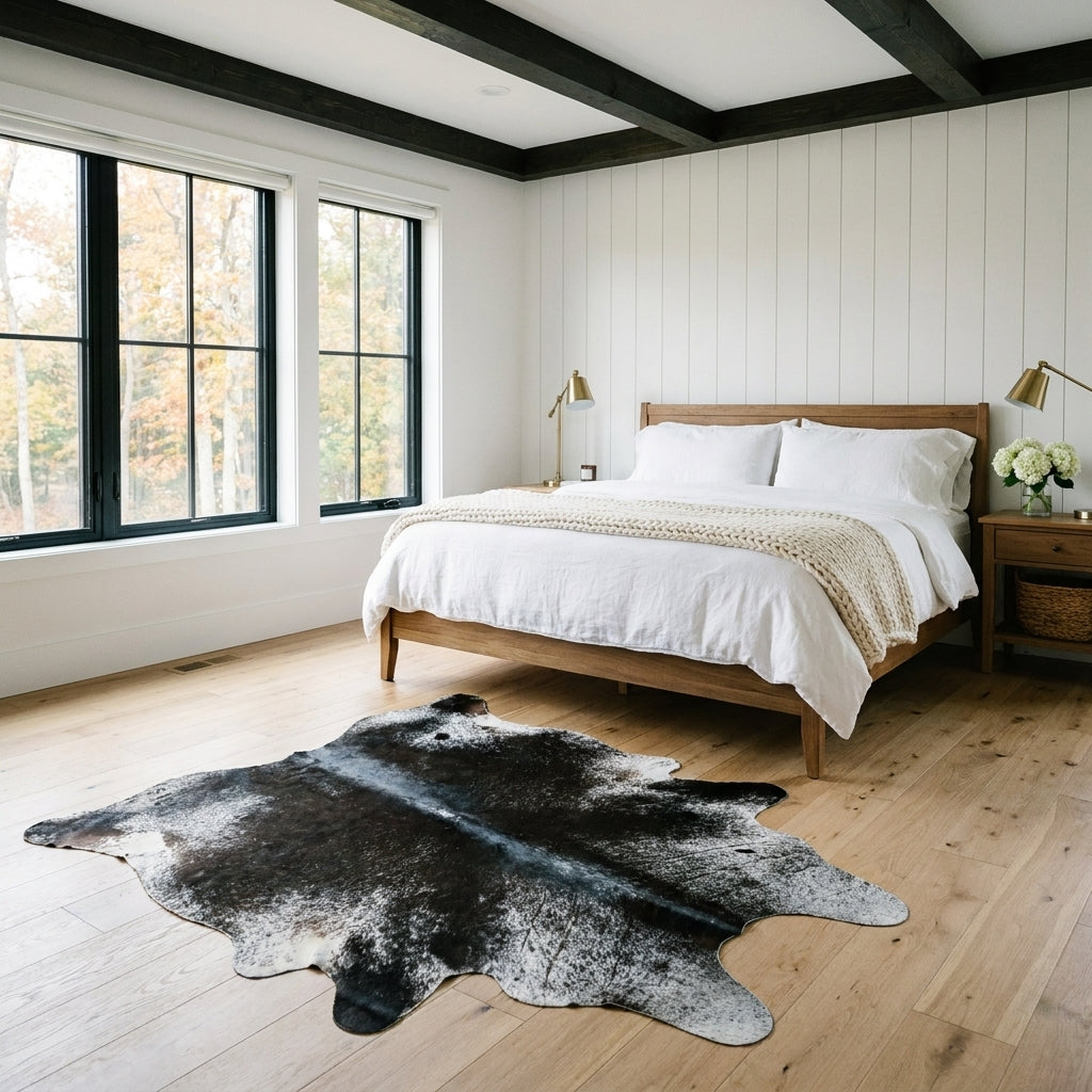 Black and white speckled Brazilian cowhide rug in front of a bed in a bright modern farmhouse bedroom with light oak floors
