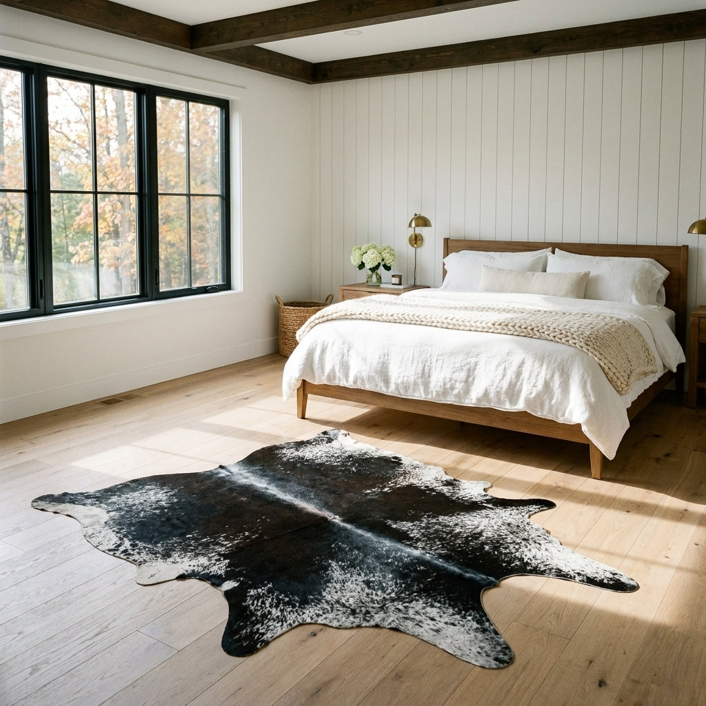 Black and white speckled Brazilian cowhide rug in a bright modern farmhouse bedroom with light oak floors