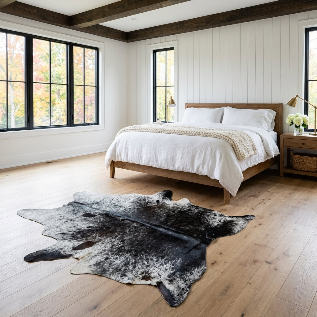 Black and white speckled Brazilian cowhide rug in a bright modern farmhouse bedroom with light oak floors