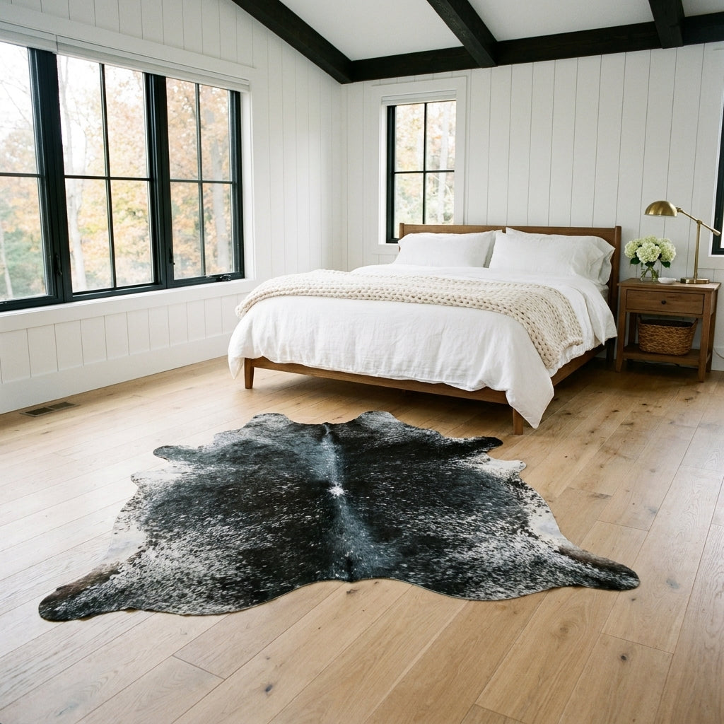 Black and white speckled Brazilian cowhide rug in a bright modern farmhouse bedroom with light oak floors