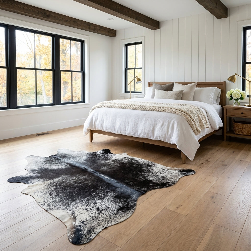 Black and white speckled Brazilian cowhide rug in a bright modern farmhouse bedroom with light oak floors