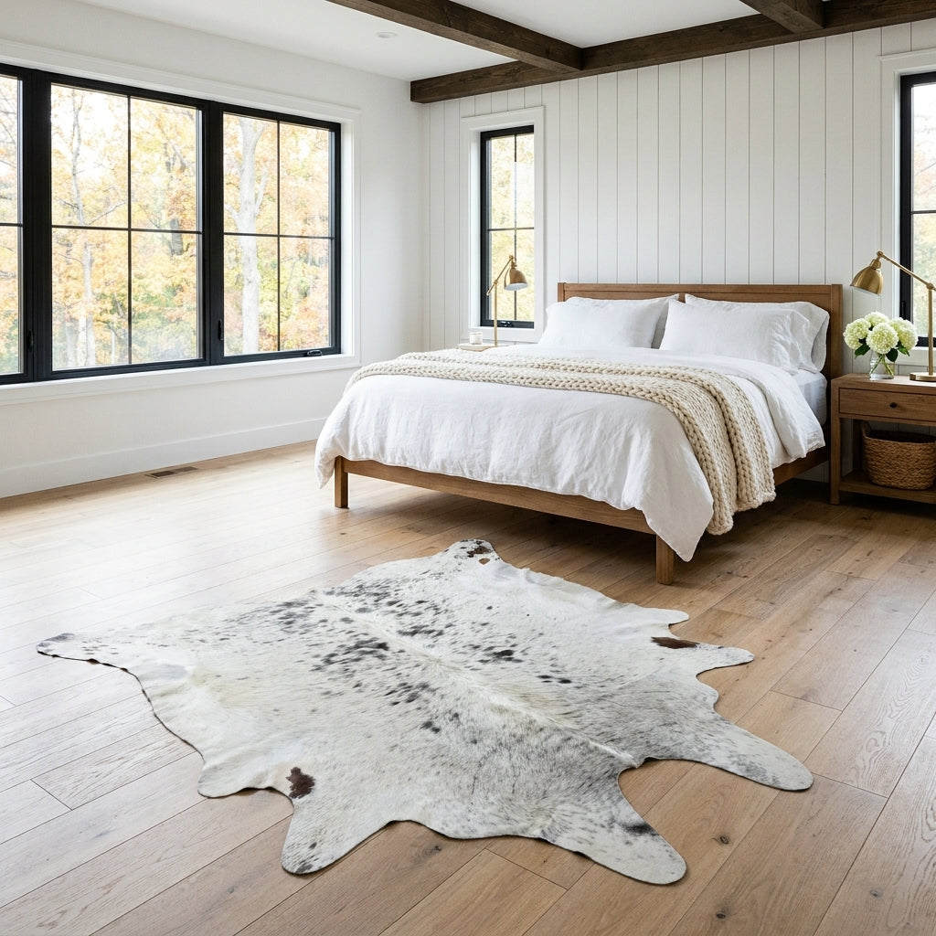 Salt and pepper Brazilian cowhide rug in a bright modern farmhouse bedroom with light oak floors