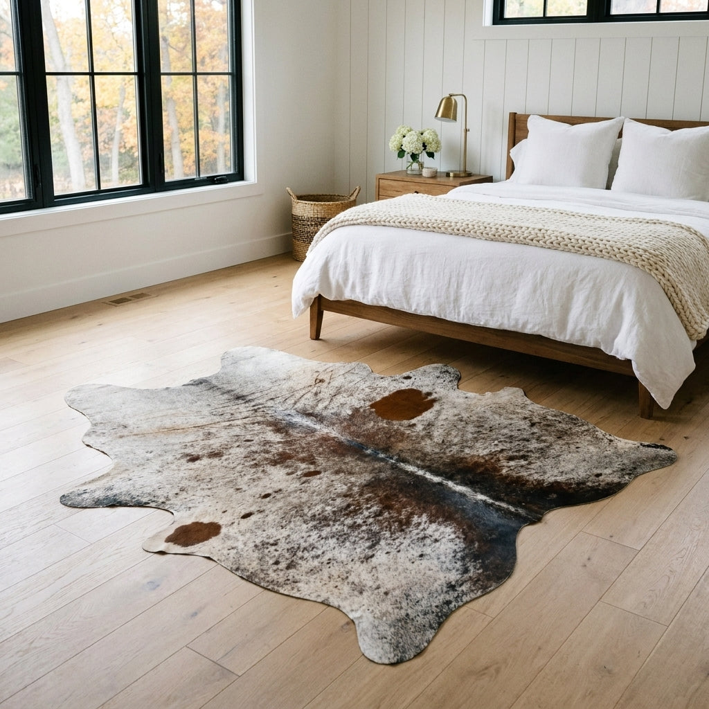 Salt and pepper Brazilian cowhide rug in a bright modern farmhouse bedroom with light oak floors