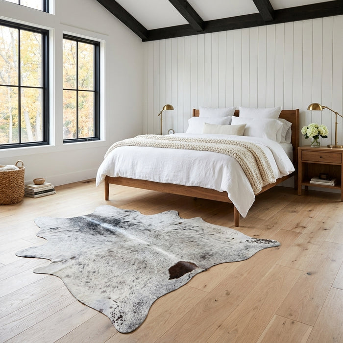 Salt and pepper Brazilian cowhide rug in a bright modern farmhouse bedroom with light oak floors