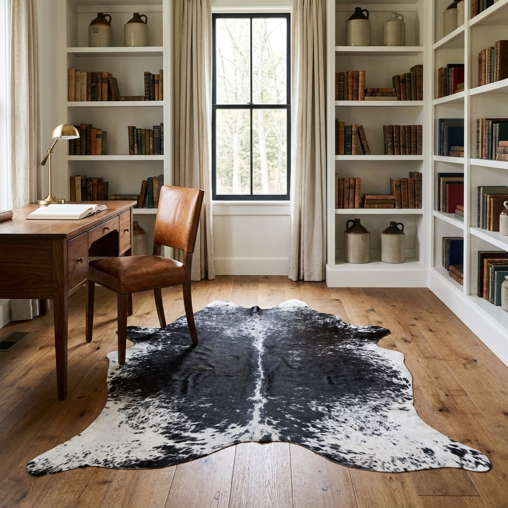 Black salt and pepper cowhide rug in a farmhouse home study with a walnut desk, leather chair and built-in bookshelves