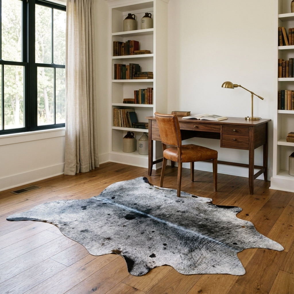 Grey and black salt and pepper cowhide rug in a farmhouse home study with a walnut desk, leather chair and built-in bookshelves