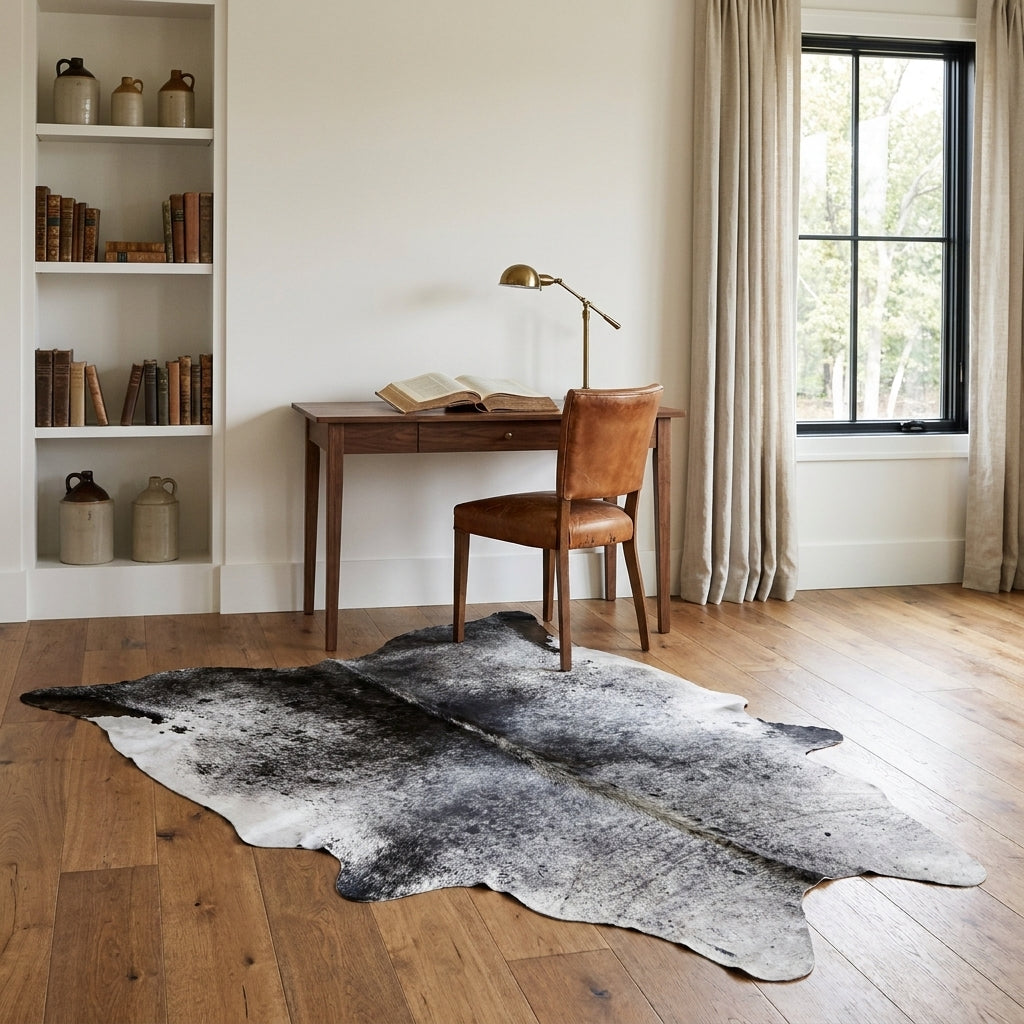 Black salt and pepper cowhide rug in a farmhouse home study with a walnut desk, leather chair and built-in bookshelves