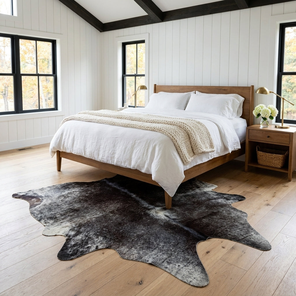 Black and white speckled Brazilian cowhide rug at the foot of a bed in a bright modern farmhouse bedroom with light oak floors