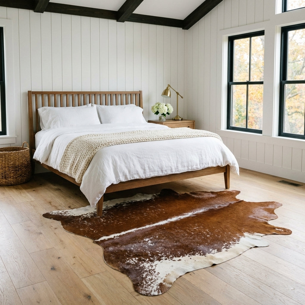 Brown and white speckled Brazilian cowhide rug at the foot of a bed in a bright modern farmhouse bedroom with light oak floors