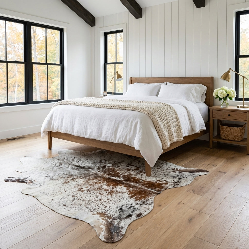 Brown and white speckled Brazilian cowhide rug at the foot of a bed in a bright modern farmhouse bedroom with light oak floors