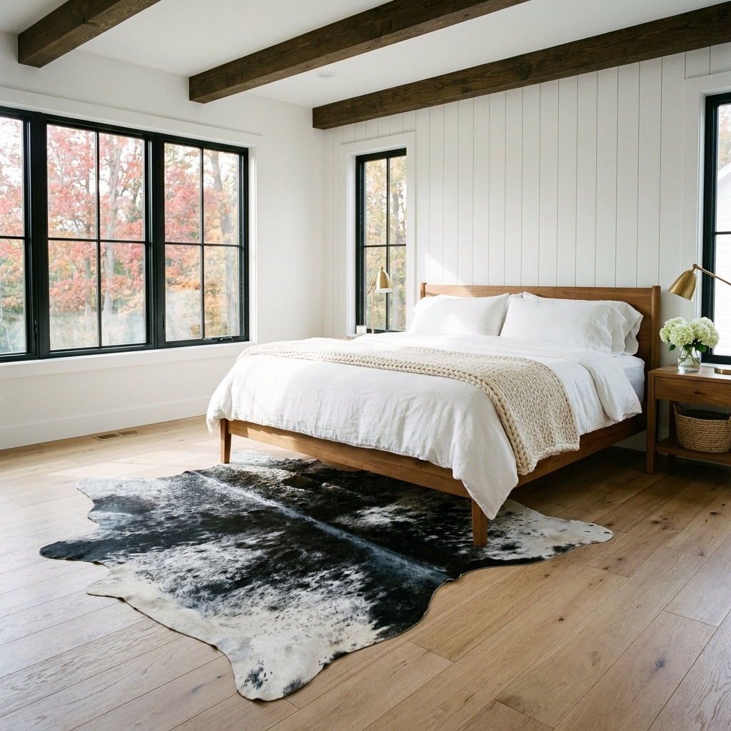 Black and white speckled Brazilian cowhide rug at the foot of a bed in a bright modern farmhouse bedroom with light oak floors