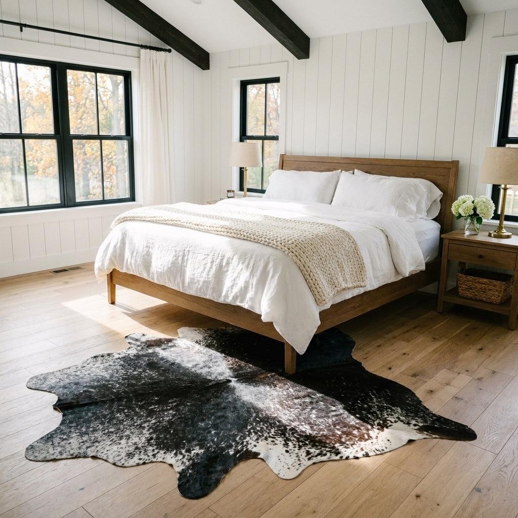 Black and white speckled Brazilian cowhide rug at the foot of a bed in a bright modern farmhouse bedroom with light oak floors