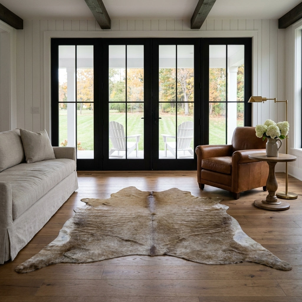 Caramel brown cowhide rug in a modern farmhouse living room with black French doors, linen sofa and leather club chair