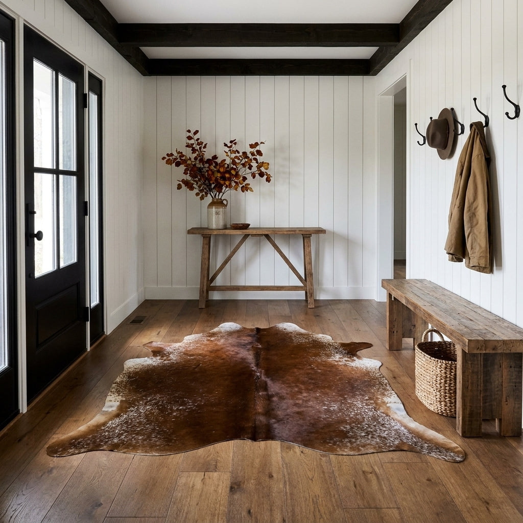 Brown salt and pepper cowhide rug on the oak floor of a modern farmhouse entry hall with a wooden bench and black front door
