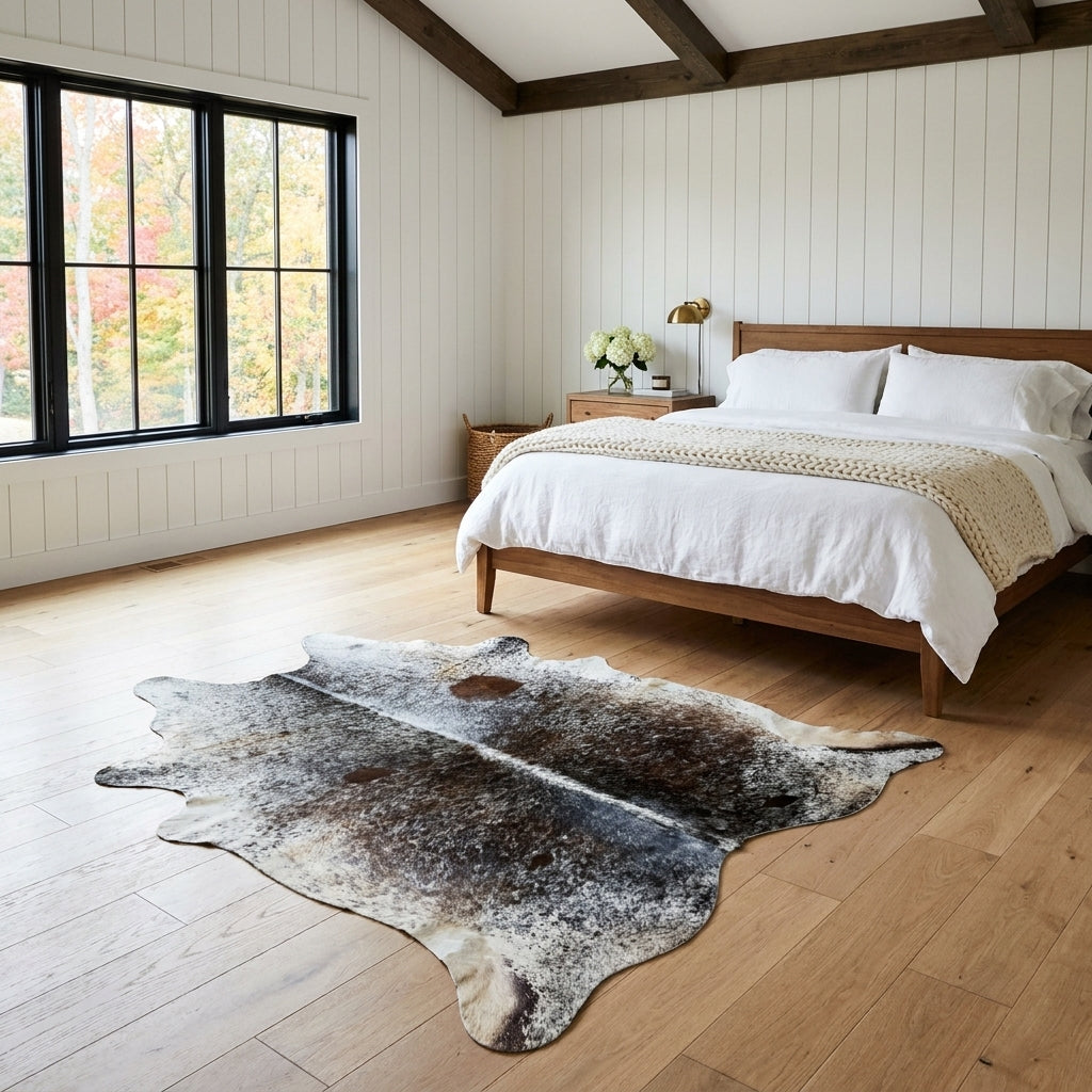 Black and brown speckled Brazilian cowhide rug in a bright modern farmhouse bedroom with light oak floors