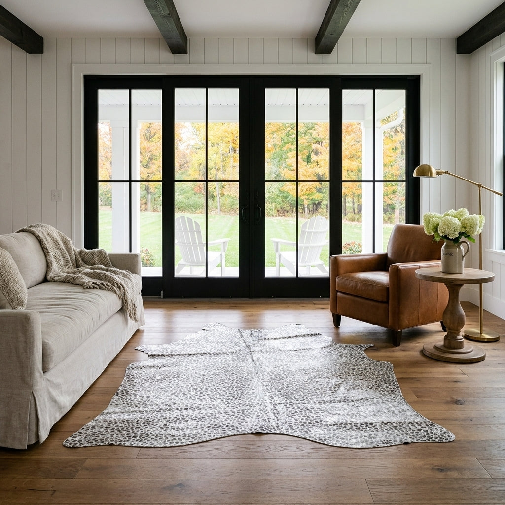 Off-white leopard print cowhide rug with silver acid wash in a modern farmhouse living room with black French doors