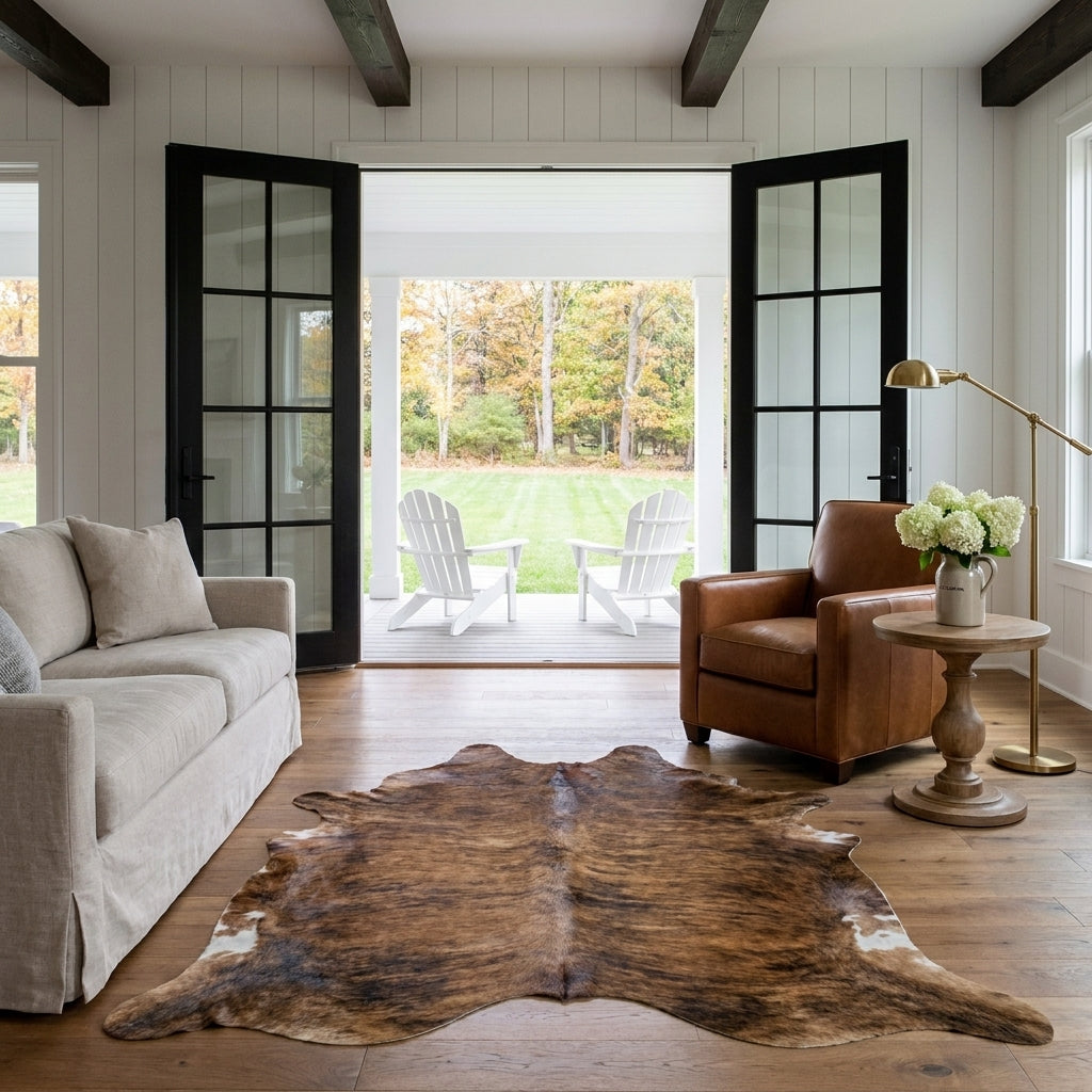Brown and black brindle cowhide rug in a modern farmhouse living room with open black French doors and a leather club chair