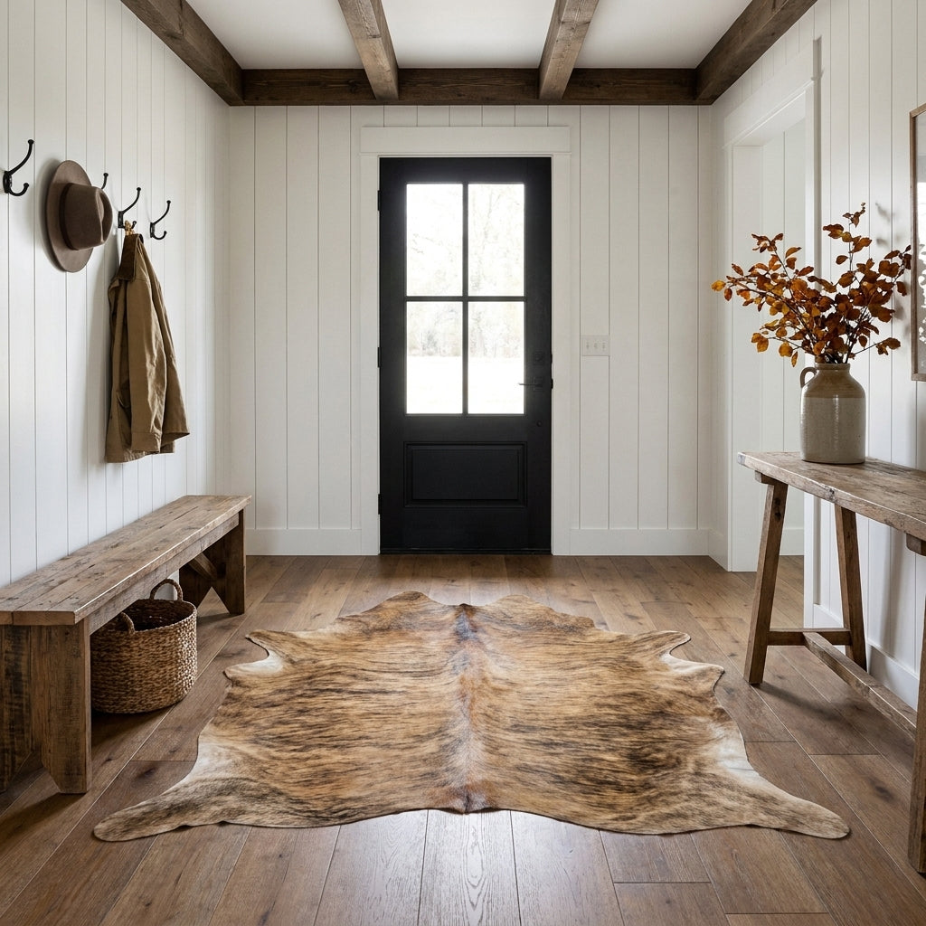 Brown and black brindle cowhide rug on the oak floor of a modern farmhouse entry hall with a wooden bench and black front door