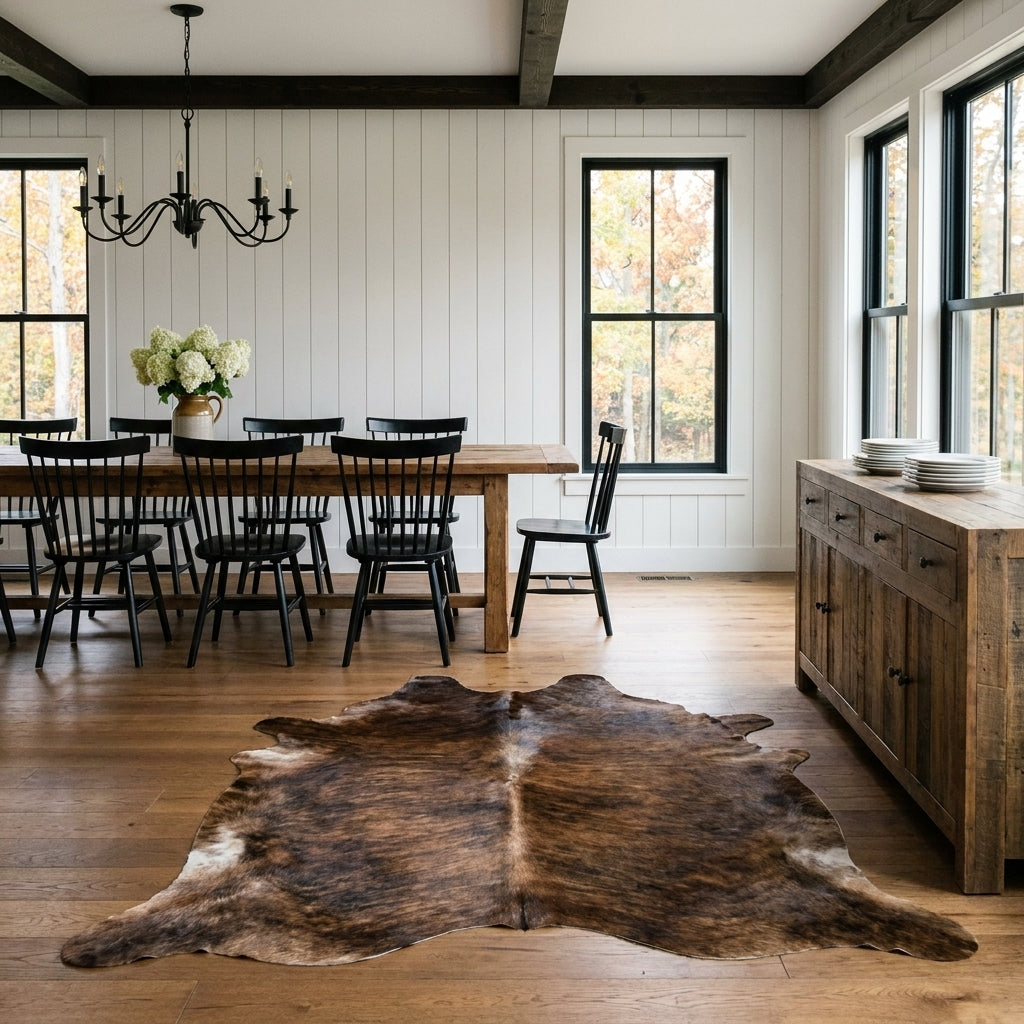 Brown and black brindle cowhide rug in a modern farmhouse dining room with a rustic wood table and black Windsor chairs