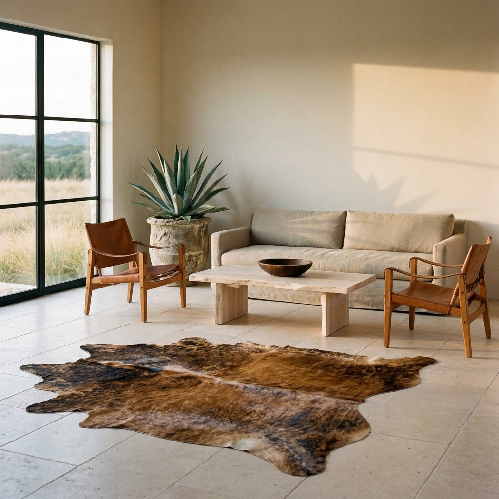 Reddish brown and black brindle cowhide rug on a limestone floor in a minimal Texas Hill Country living room