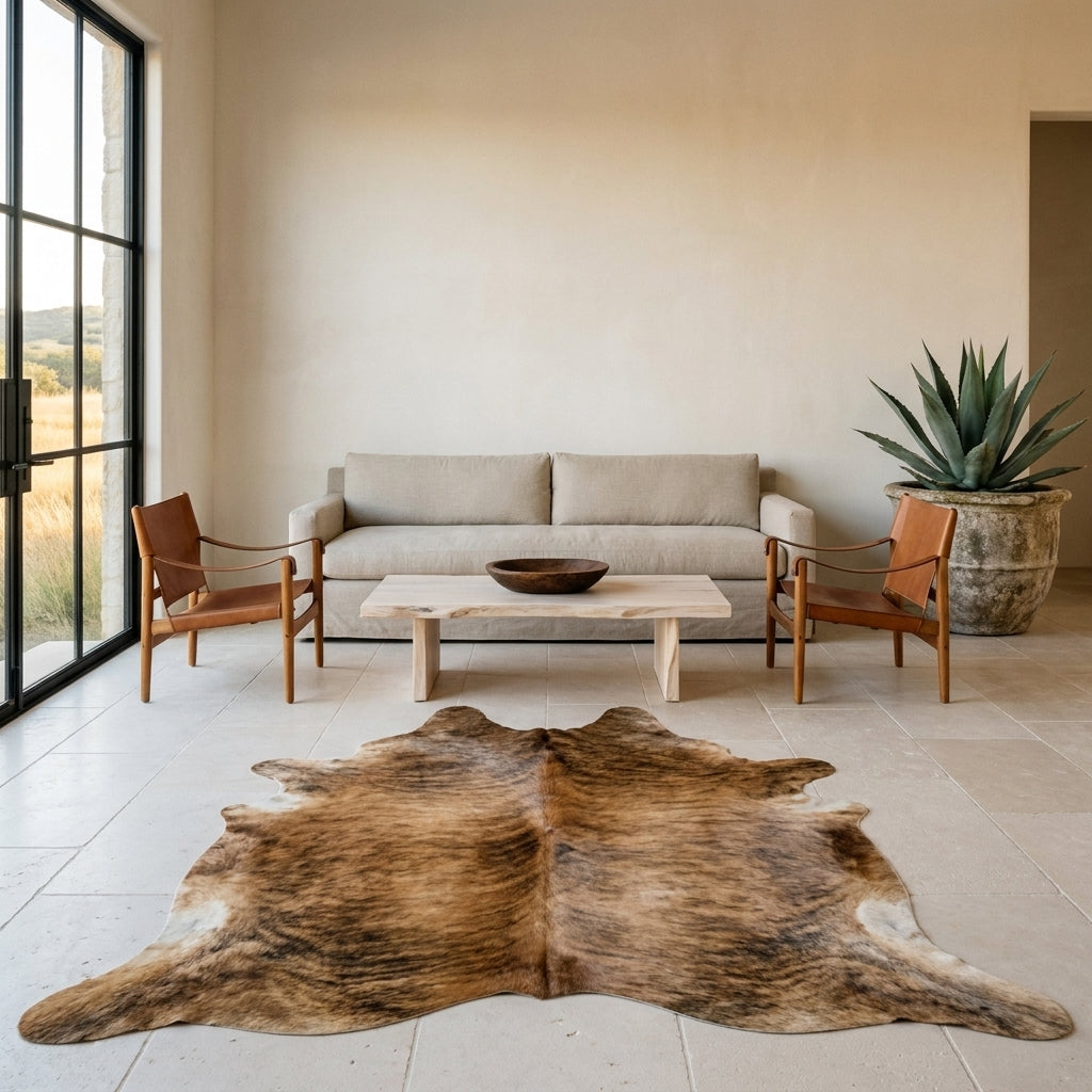 Light brown and black brindle cowhide rug on a limestone floor in a minimal Texas Hill Country living room