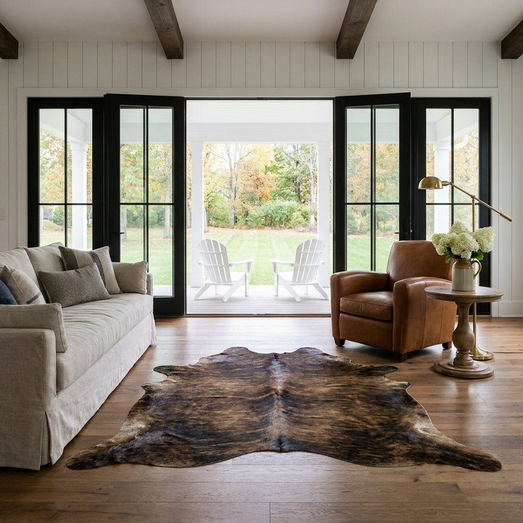 Dark brown brindle cowhide rug in a modern farmhouse living room with open black French doors and a leather club chair