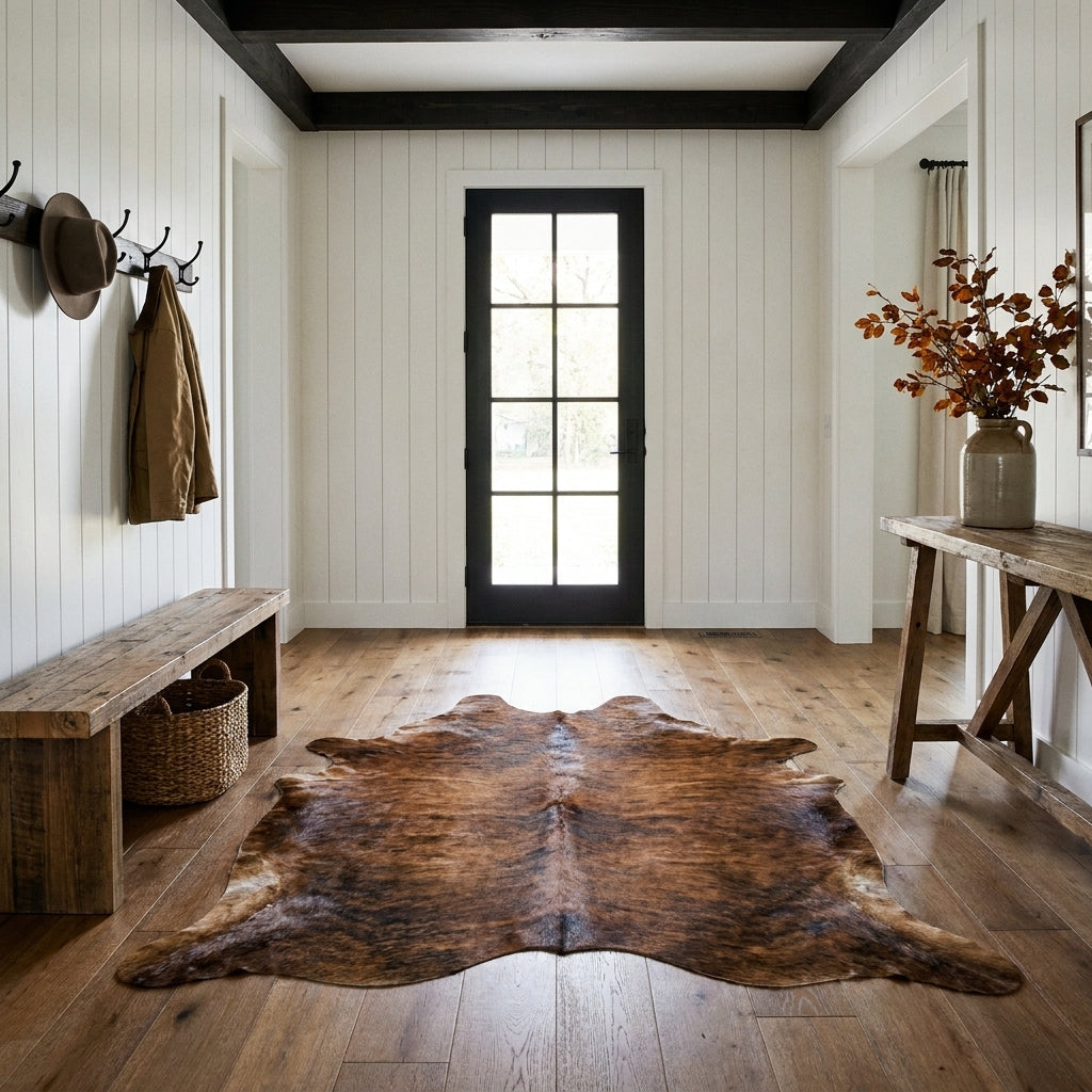 Reddish brown and black brindle cowhide rug on the oak floor of a modern farmhouse entry hall with a wooden bench and black front door