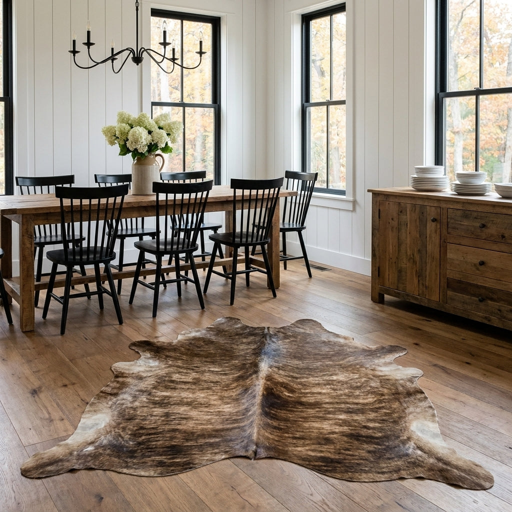 Brown and ivory brindle cowhide rug in a modern farmhouse dining room with a rustic wood table and black Windsor chairs
