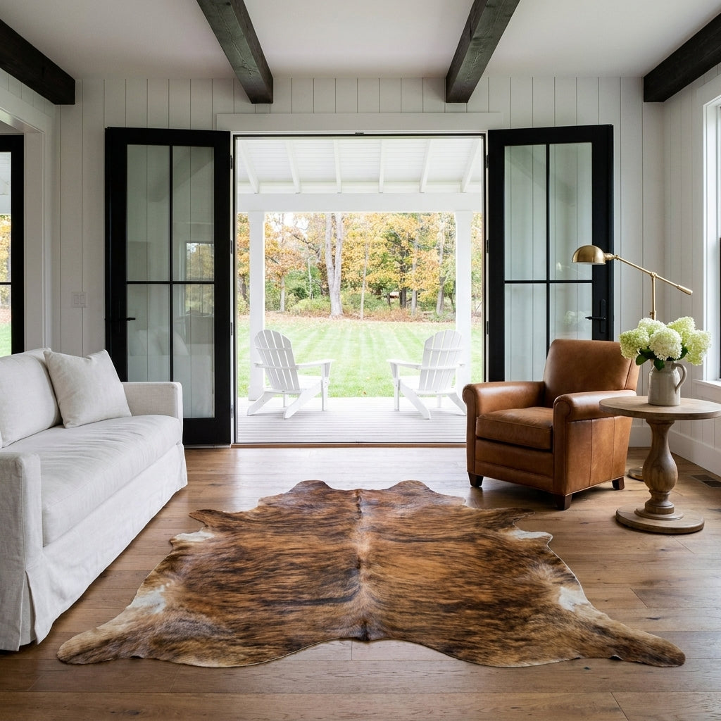 Brown and black brindle cowhide rug in a modern farmhouse living room with open black French doors and a leather club chair