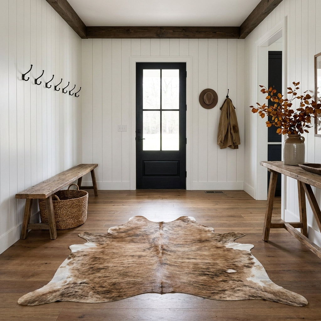 Light brown and black brindle cowhide rug on the oak floor of a modern farmhouse entry hall with a wooden bench and black front door