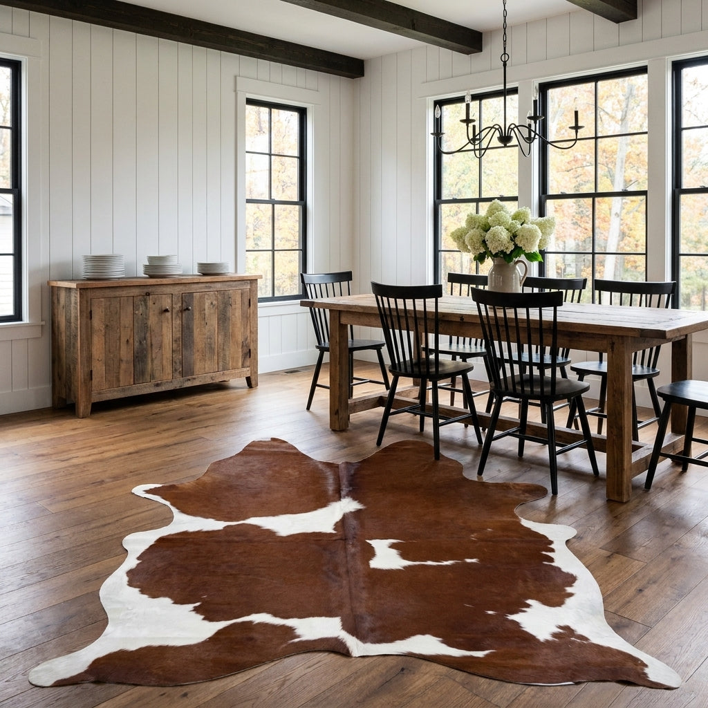 Brown and white cowhide rug in a modern farmhouse dining room with a rustic wood table and black Windsor chairs