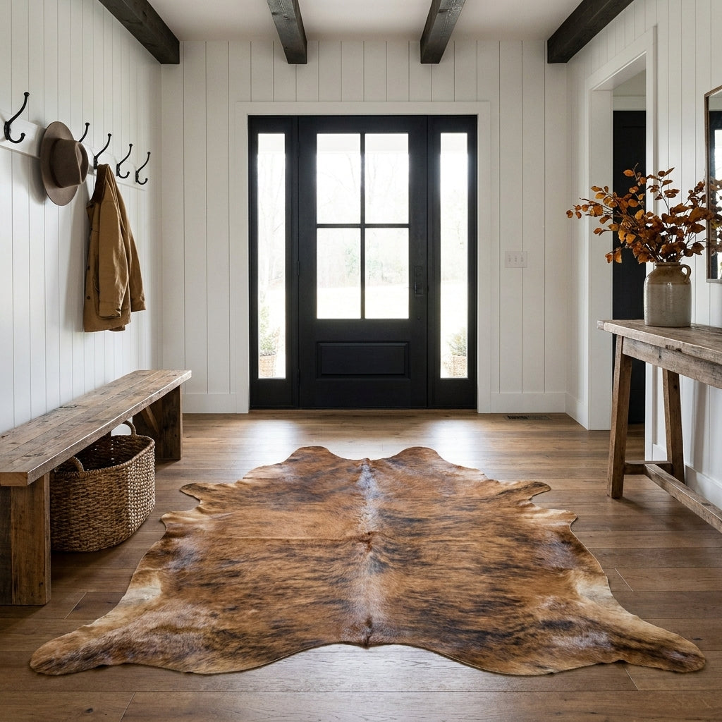 Reddish brown and black long hair brindle cowhide rug on the oak floor of a modern farmhouse entry hall