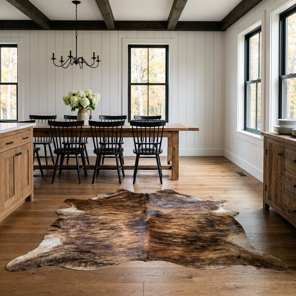 Tan, brown and black brindle cowhide rug in a modern farmhouse dining room with a rustic wood table and black Windsor chairs