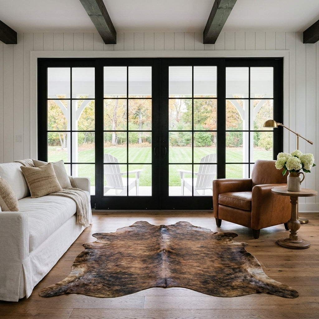 Brown and black brindle cowhide rug in a modern farmhouse living room with black French doors and a leather club chair