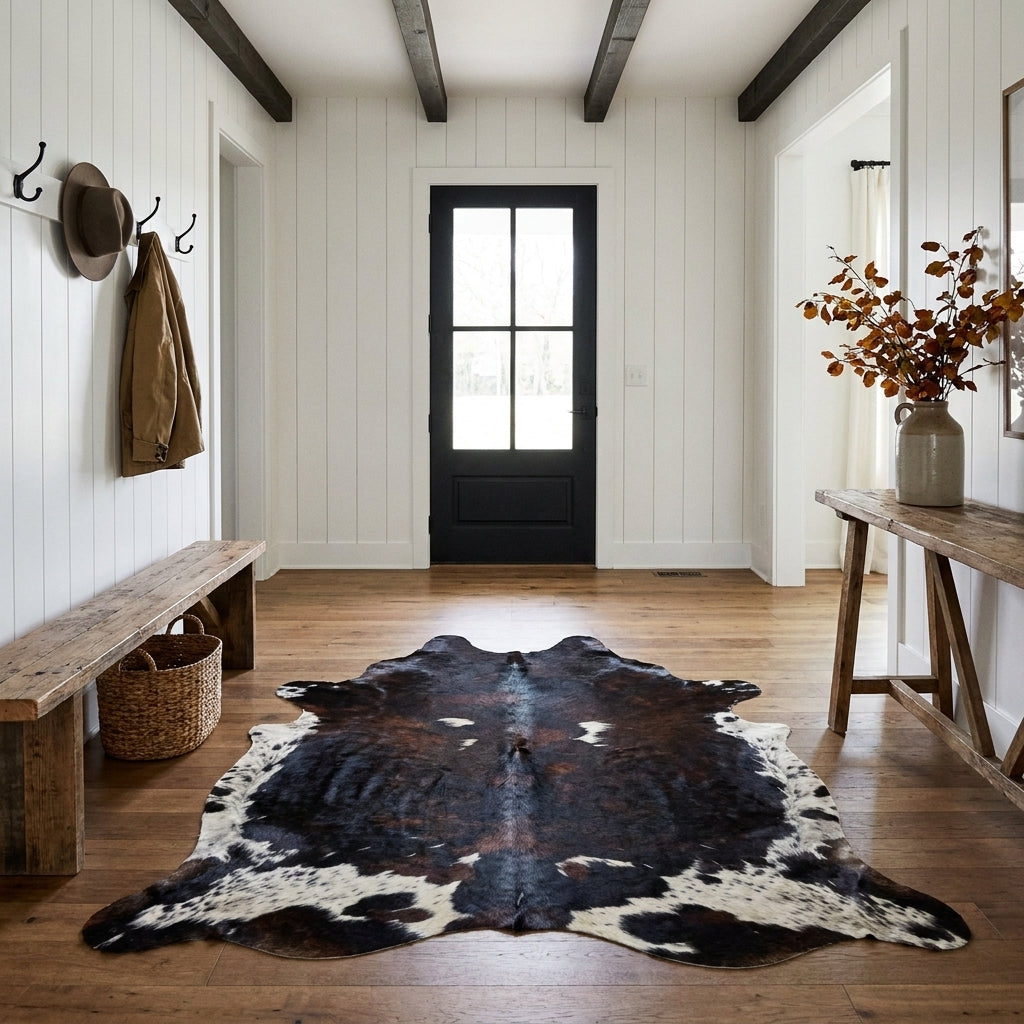 Dark tricolor Colombian cowhide rug on the oak floor of a modern farmhouse entry hall with a wooden bench and black front door