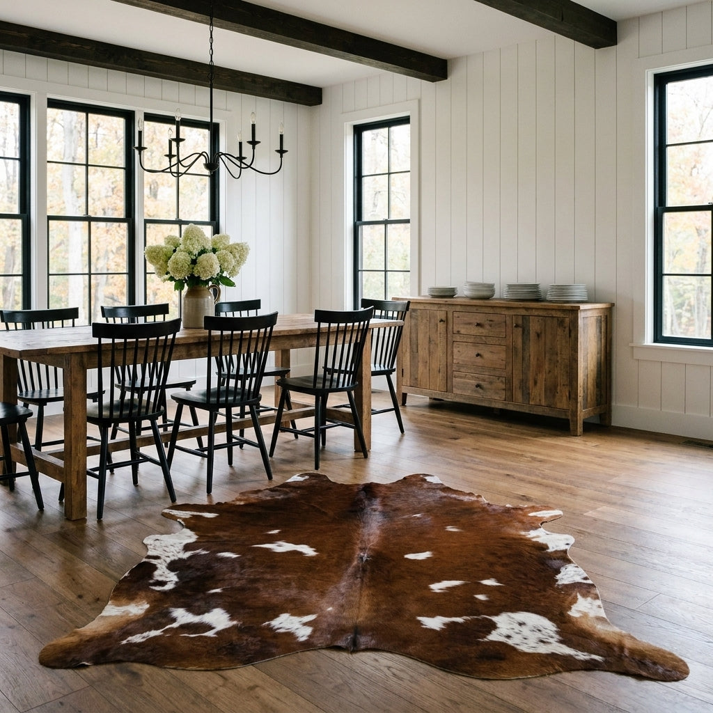 Red brown and white Colombian cowhide rug in a modern farmhouse dining room with a rustic wood table and black Windsor chairs