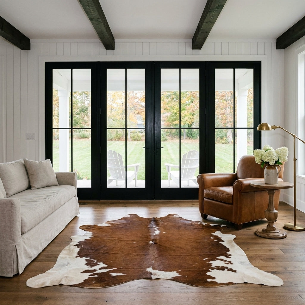 Brown and white Colombian cowhide rug in a modern farmhouse living room with black French doors and a leather club chair