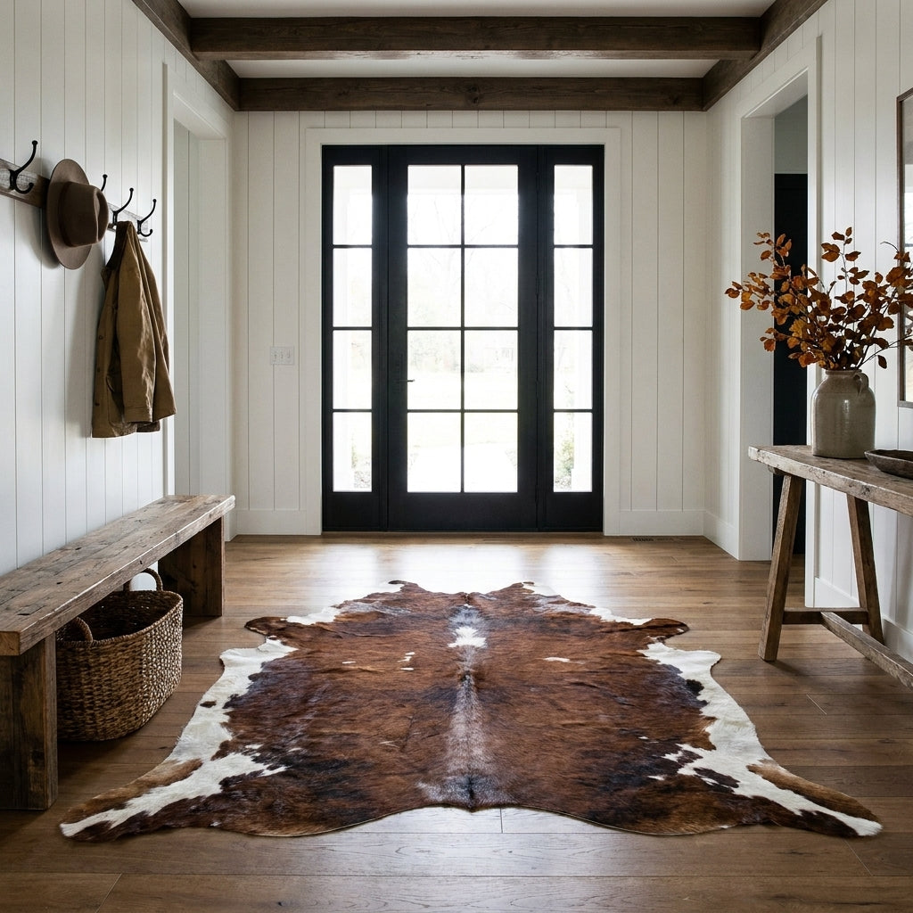 Red brown and white Colombian cowhide rug on the oak floor of a modern farmhouse entry hall with a wooden bench and black front door