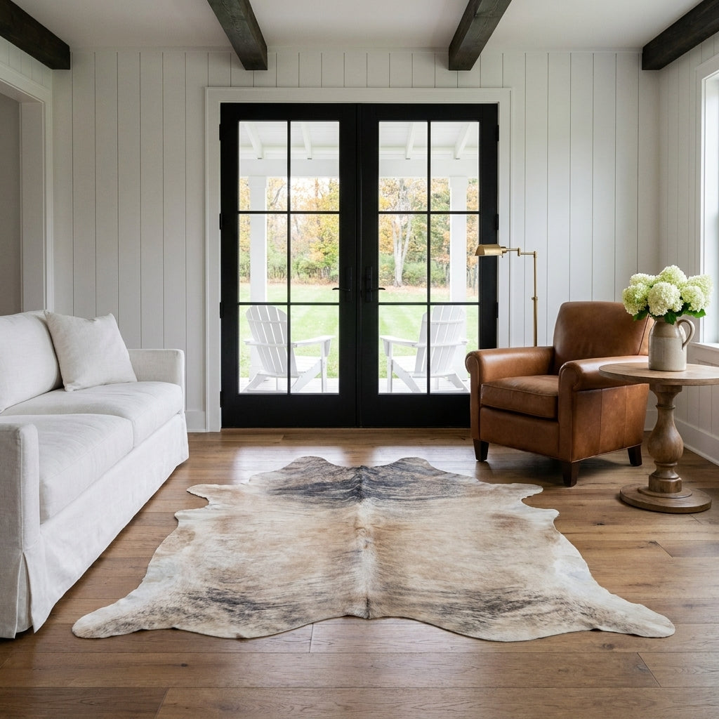 Light brown and grey Colombian brindle cowhide rug in a modern farmhouse living room with black French doors and a leather club chair