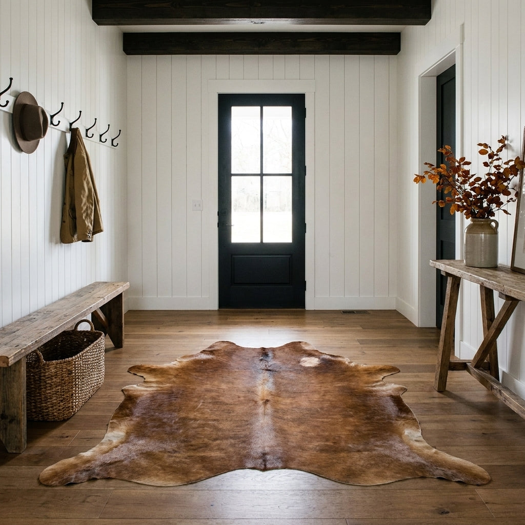 Golden brown Colombian brindle cowhide rug on the oak floor of a modern farmhouse entry hall with a wooden bench and black front door