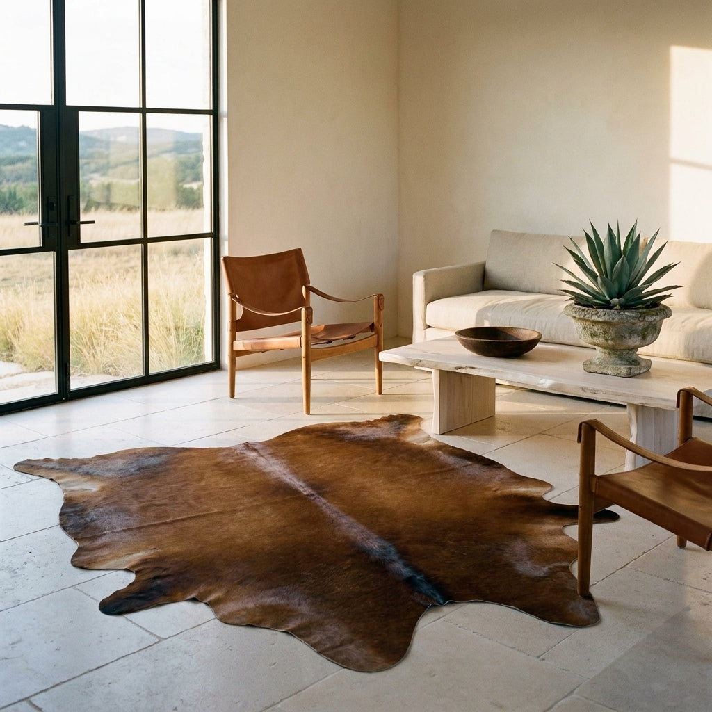 Red brown and black Watusi cowhide rug on a limestone floor in a minimal Texas Hill Country living room