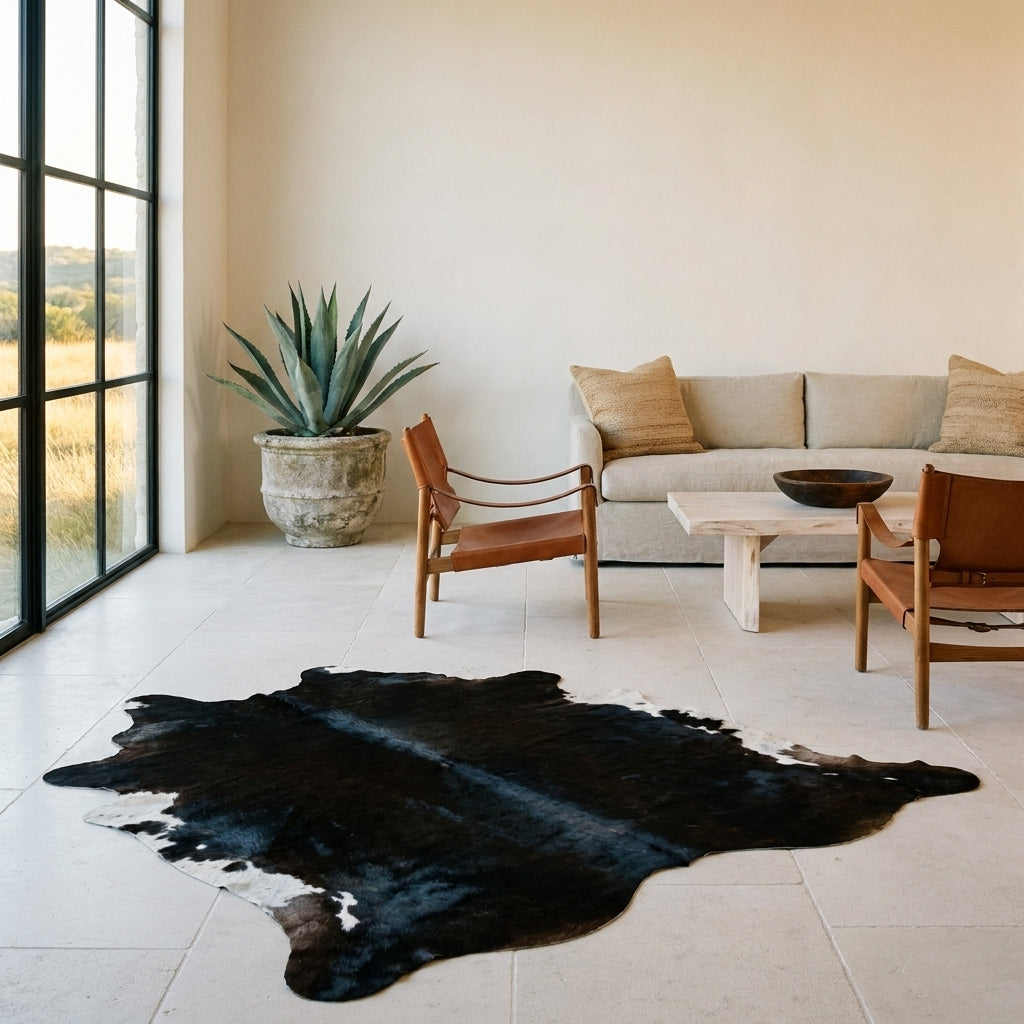 Black and dark reddish brown Watusi cowhide rug on a limestone floor in a minimal Texas Hill Country living room