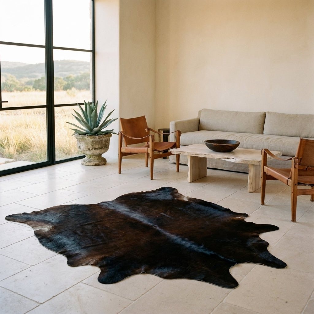 Black and red brown Watusi cowhide rug on a limestone floor in a minimal Texas Hill Country living room