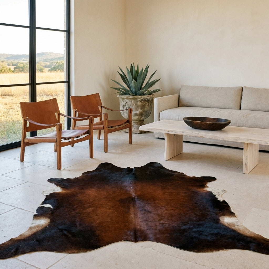 Red brown and black Watusi cowhide rug on a limestone floor in a minimal Texas Hill Country living room
