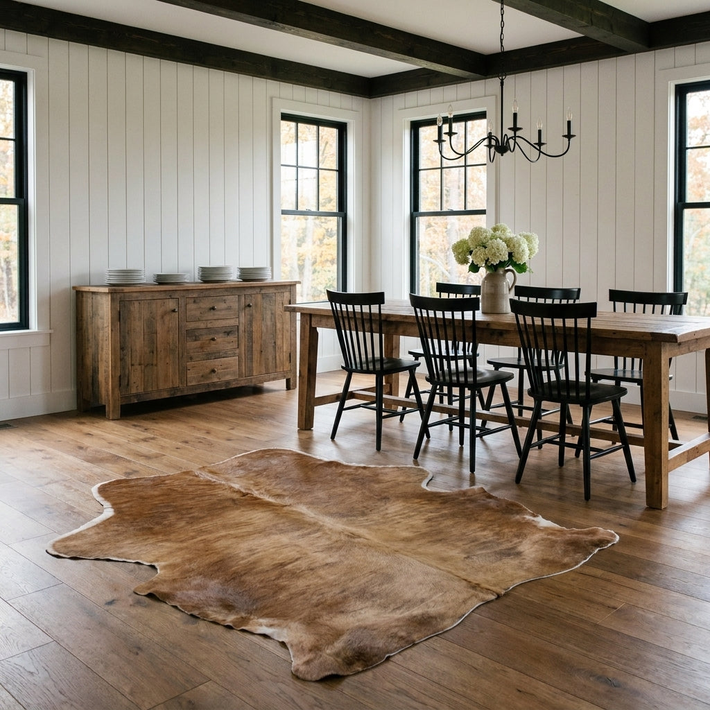 Brown and grey brindle cowhide rug in a modern farmhouse dining room with a rustic wood table and black Windsor chairs